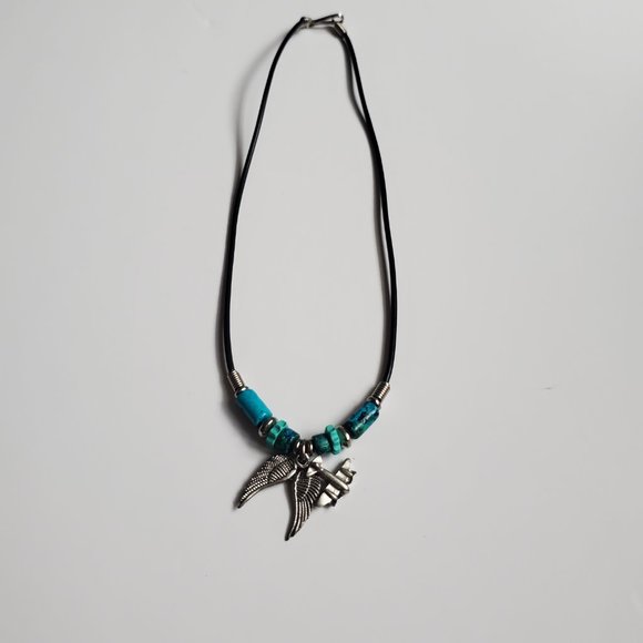 Leather Cord Necklace w/ Turquoise Beads & Airplane Wings Angel Wings Choker 18" - Picture 3 of 4